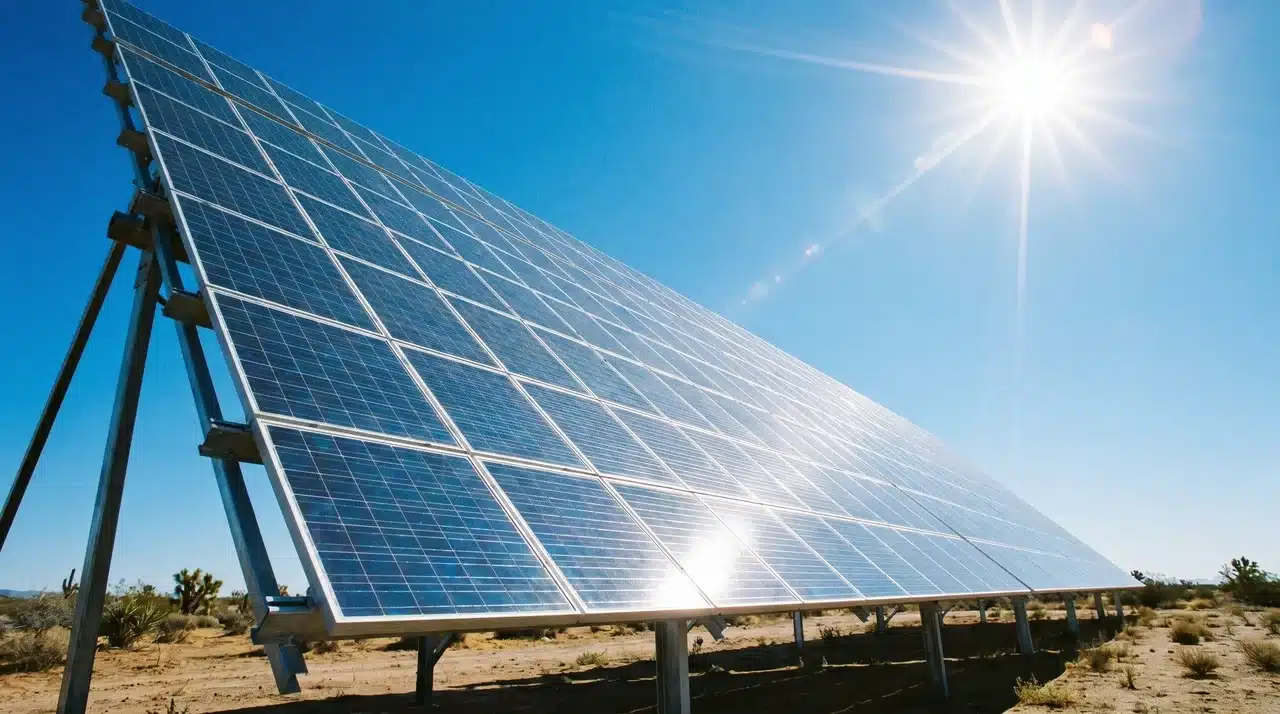 Wide-angle view of a solar panel array against a clear blue sky, representing the scale and potential of solar energy