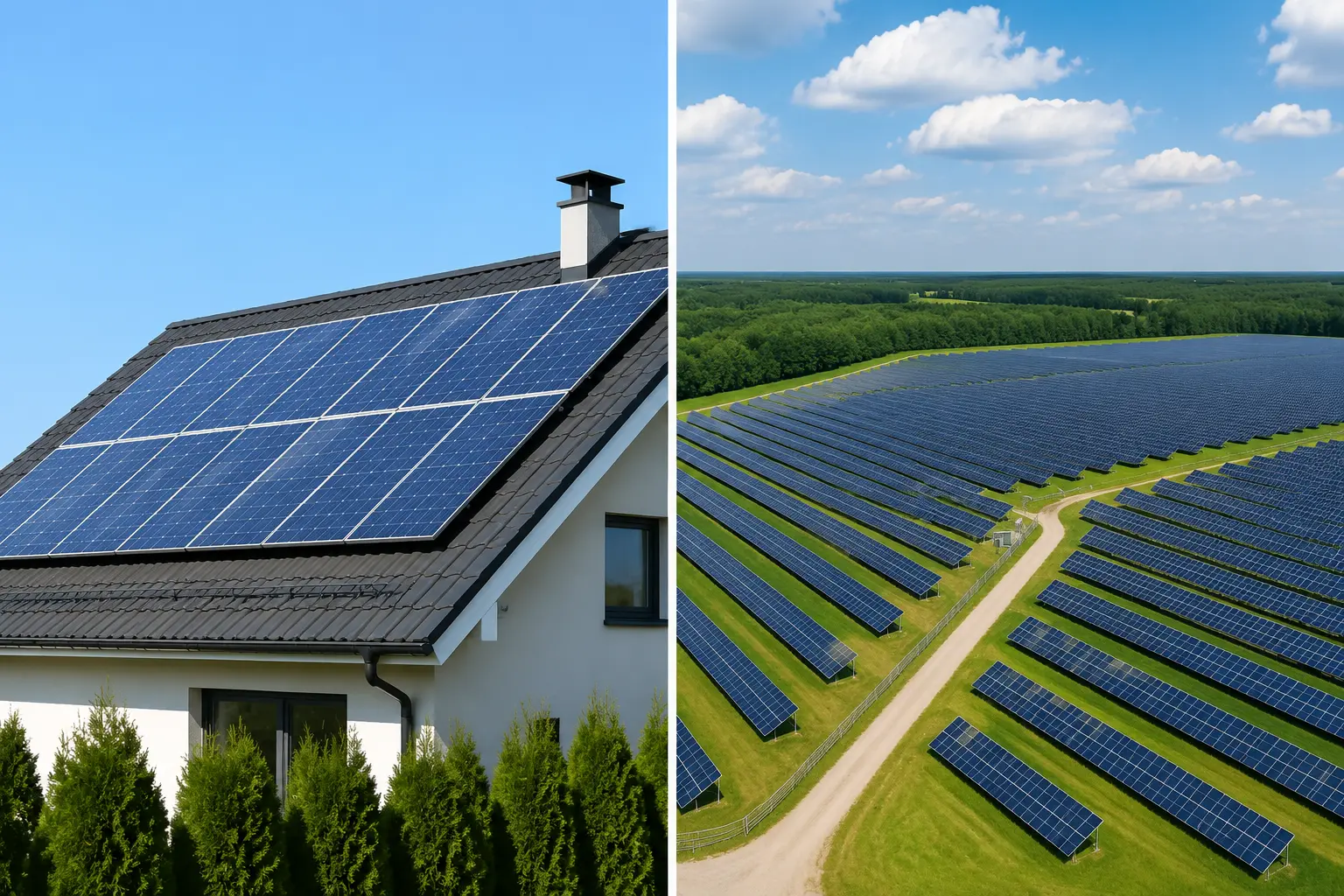 Split image comparing rooftop solar panels on a home with a large community solar farm installation