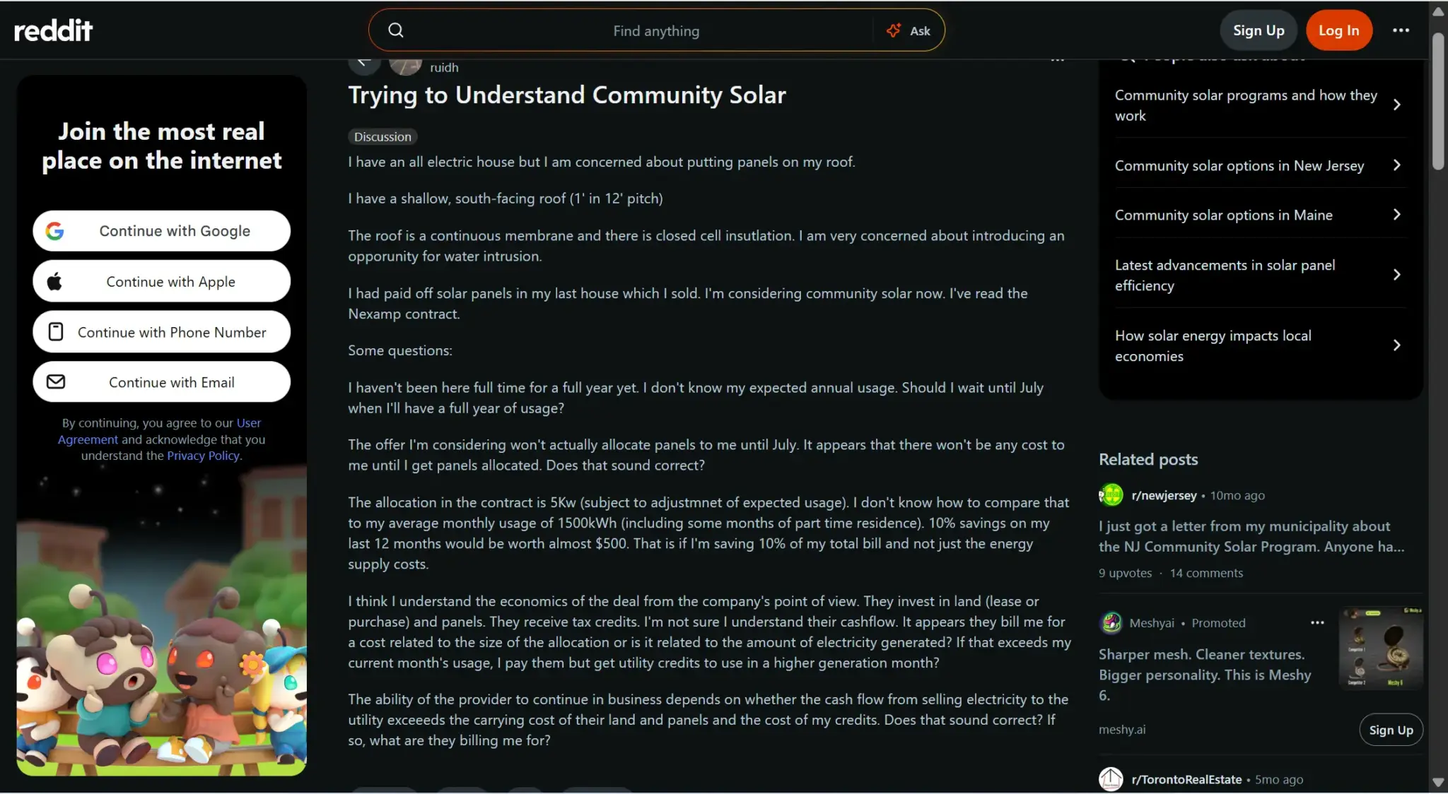 Screenshot of a dark-themed Reddit post titled "Trying to Understand Community Solar" detailing user questions about solar energy options.