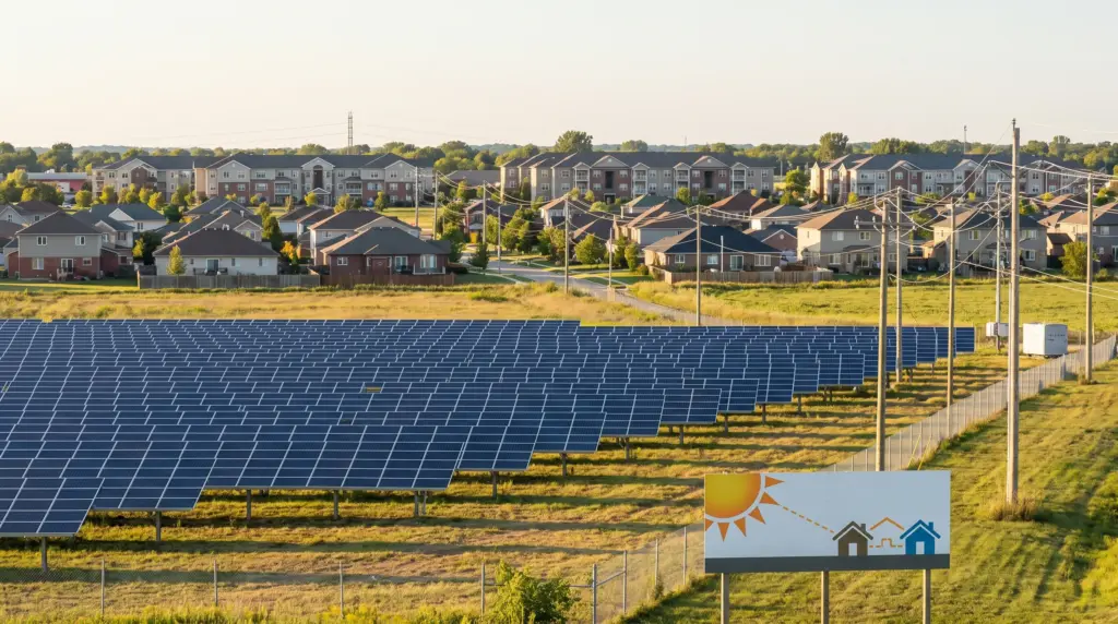 Community solar project with shared solar panels providing clean energy benefits to homes and businesses.