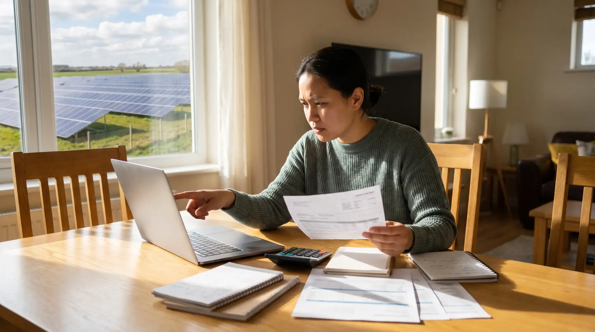 Person comparing community solar costs, subscription plans, and potential electricity savings.