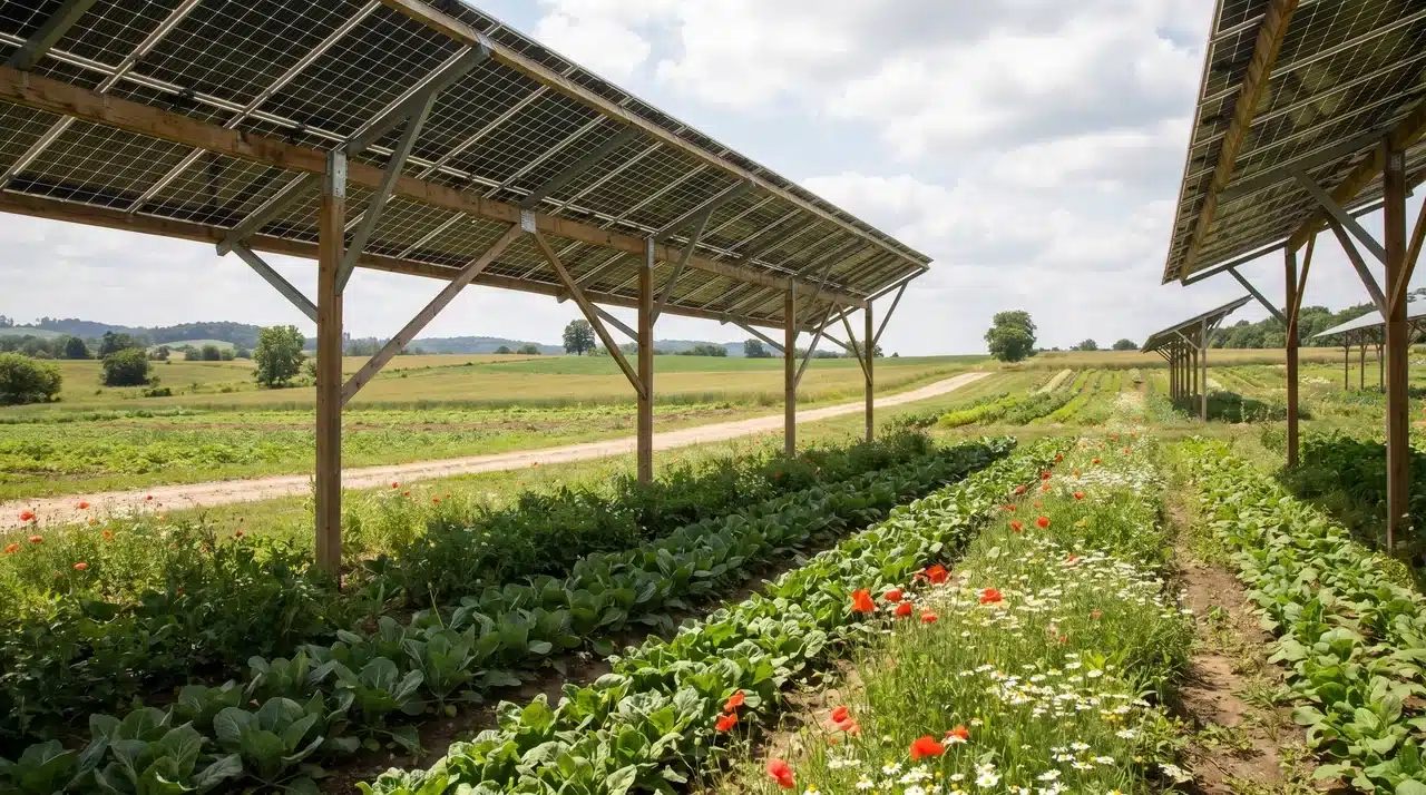 Crops growing beneath elevated solar panels on an agrivoltaic solar farm demonstrating dual land use