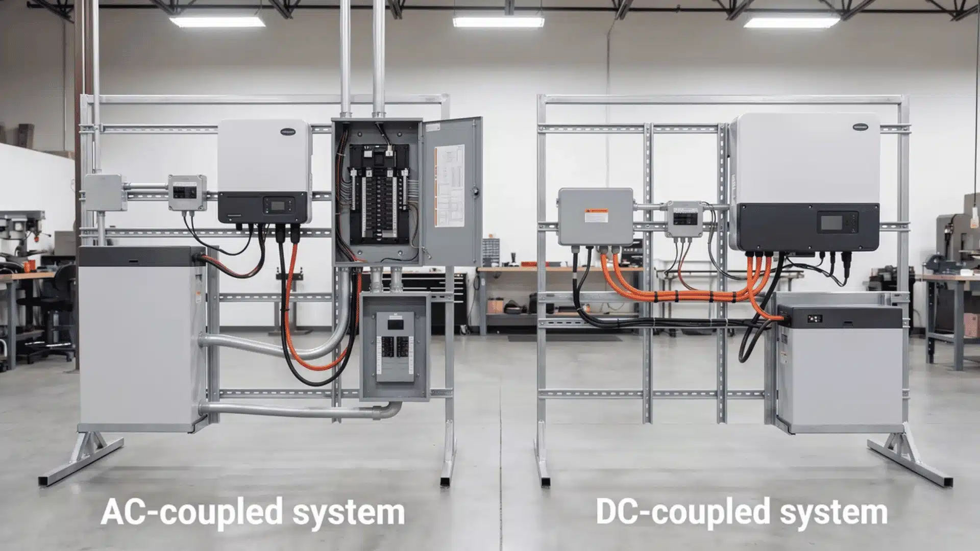 Side-by-side AC and DC solar systems with panels, inverter, battery, and wiring setup comparison.