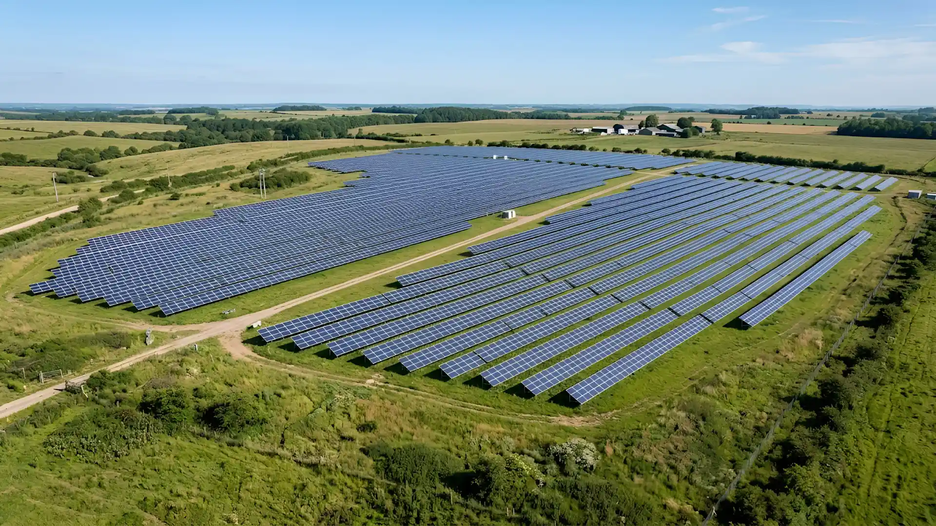 aerial view of a community solar farm array in an open field