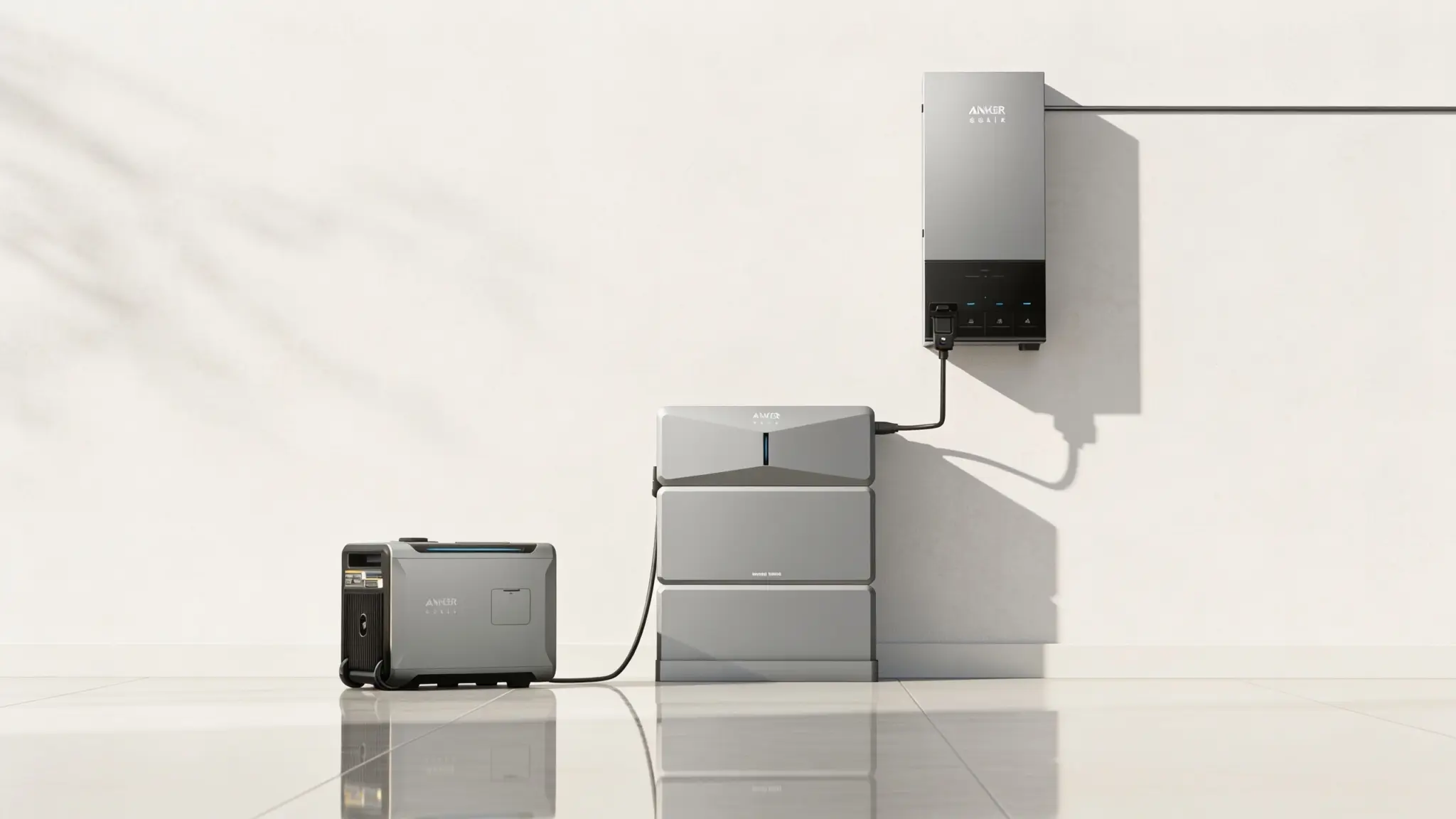 Anker home energy storage system with wall-mounted inverter, stacked battery modules, and portable power station connected by cables.