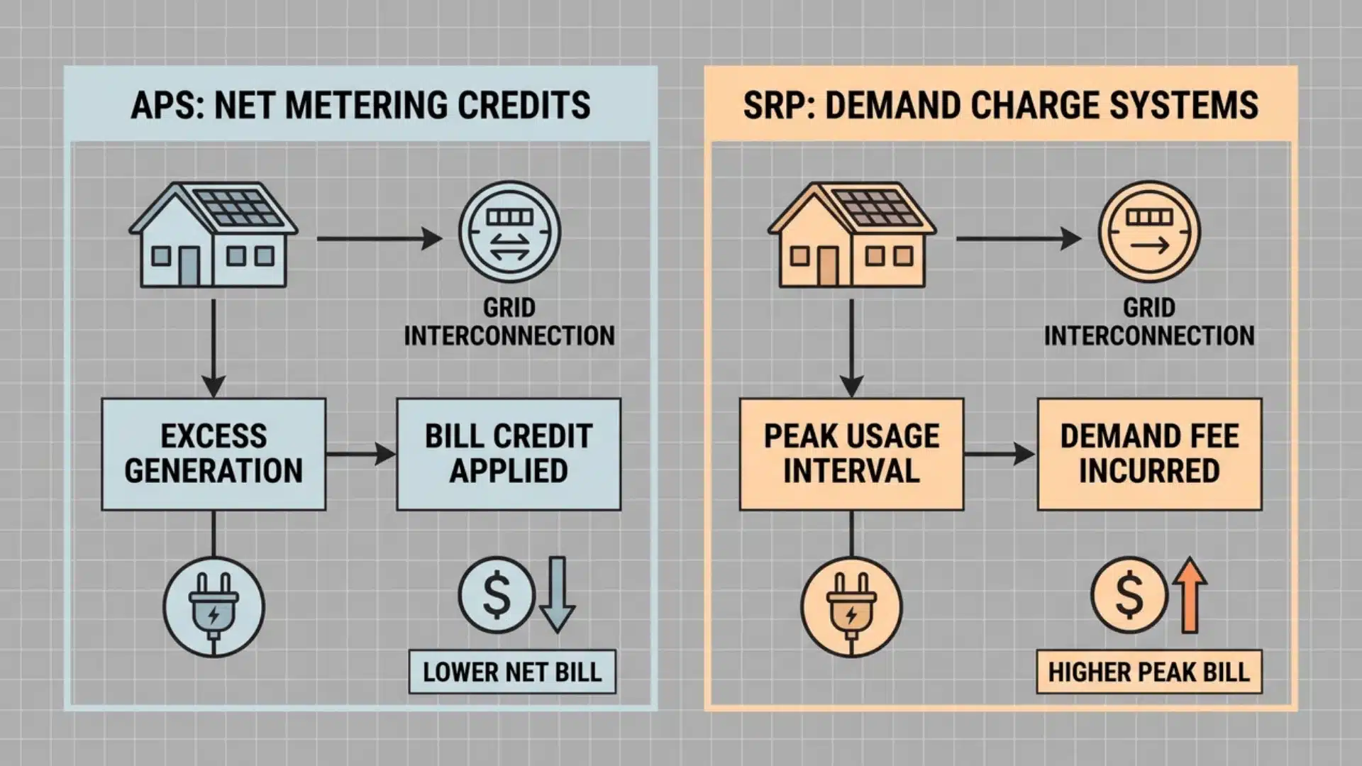 diagram comparing two electricity billing structures for solar users