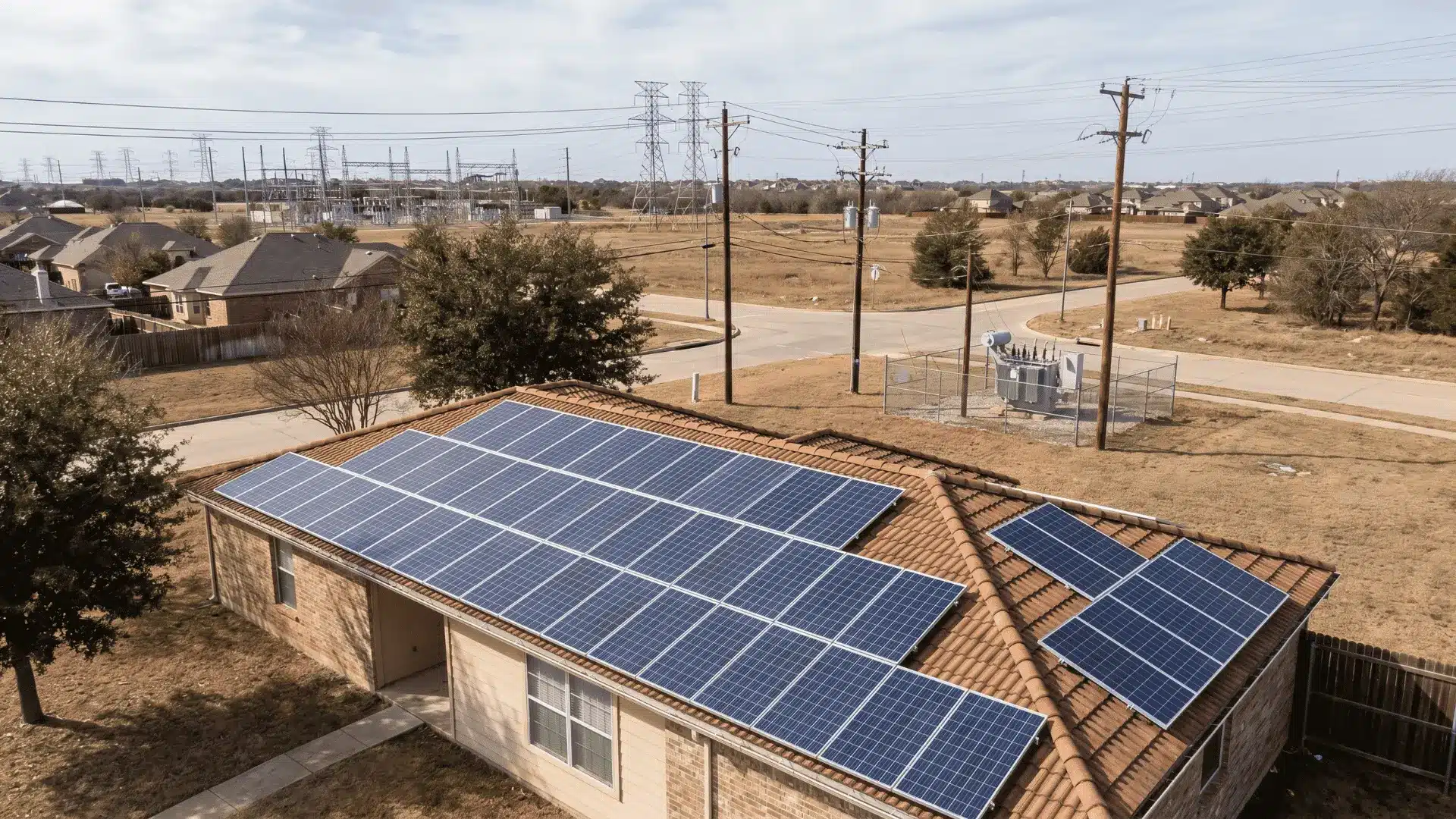 Rooftop solar panels installed on a suburban Texas home with utility lines and neighborhood houses in the background