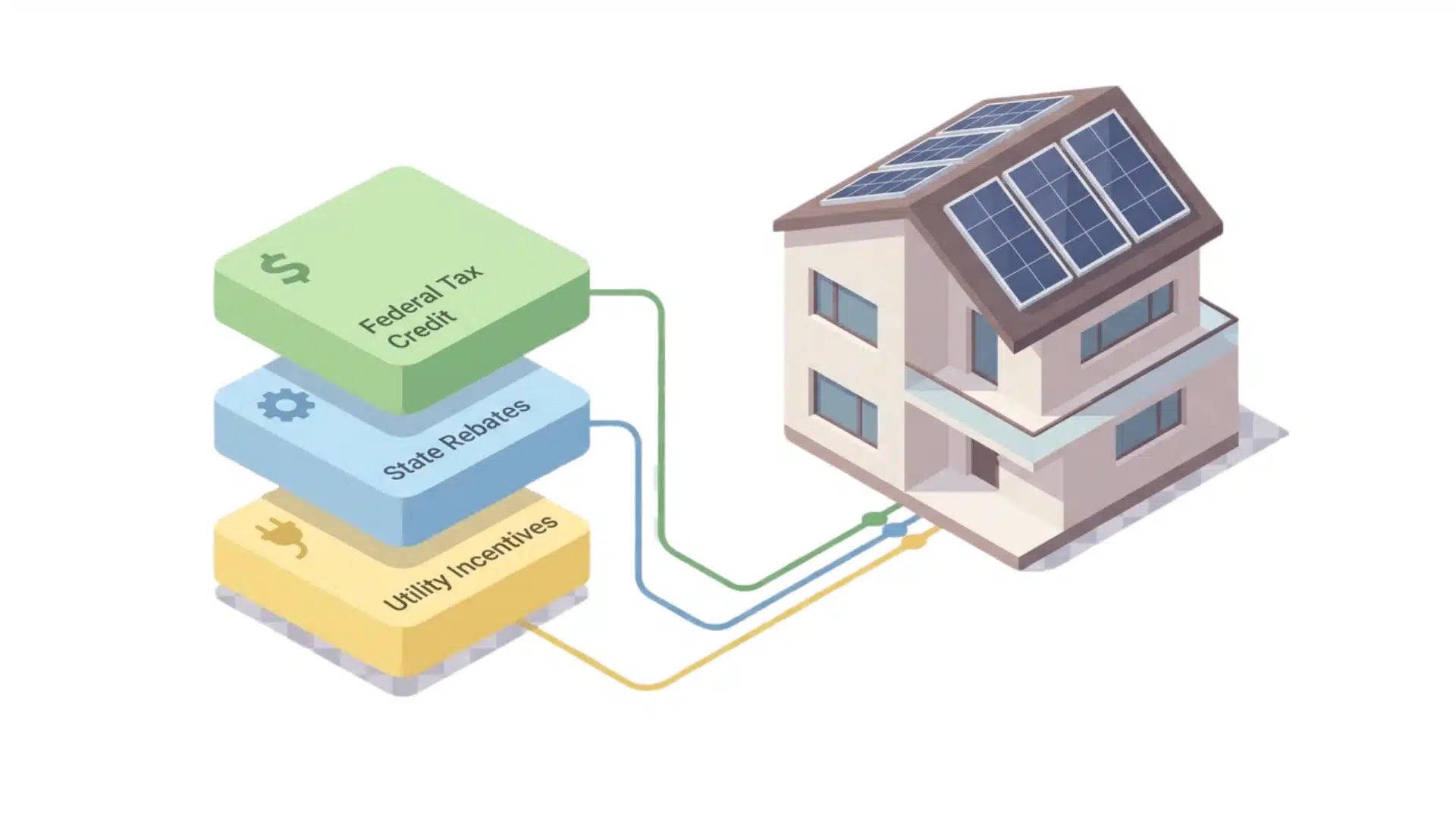 Stacked diagram showing different solar incentives connected to a home solar setup