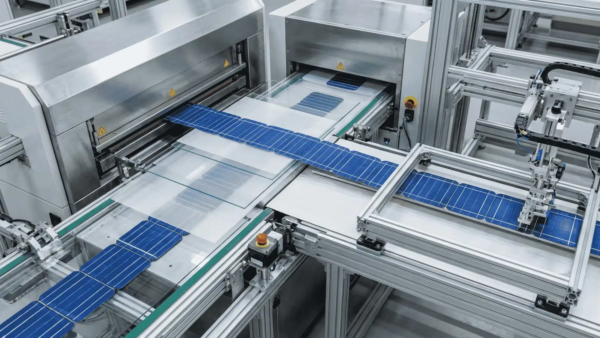 Solar cells being laminated and framed into a complete solar panel