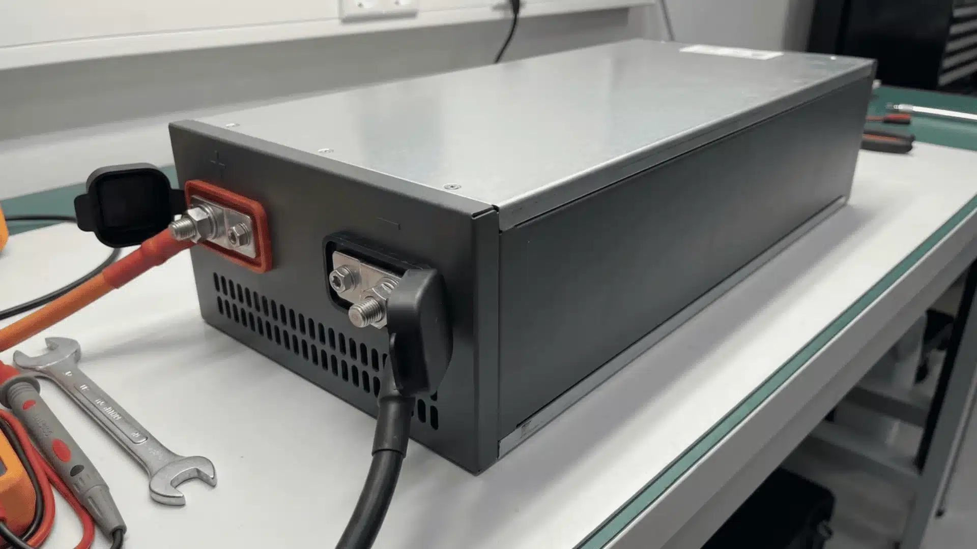 Metal electronic box with red and black power cables connected on a workbench with a wrench