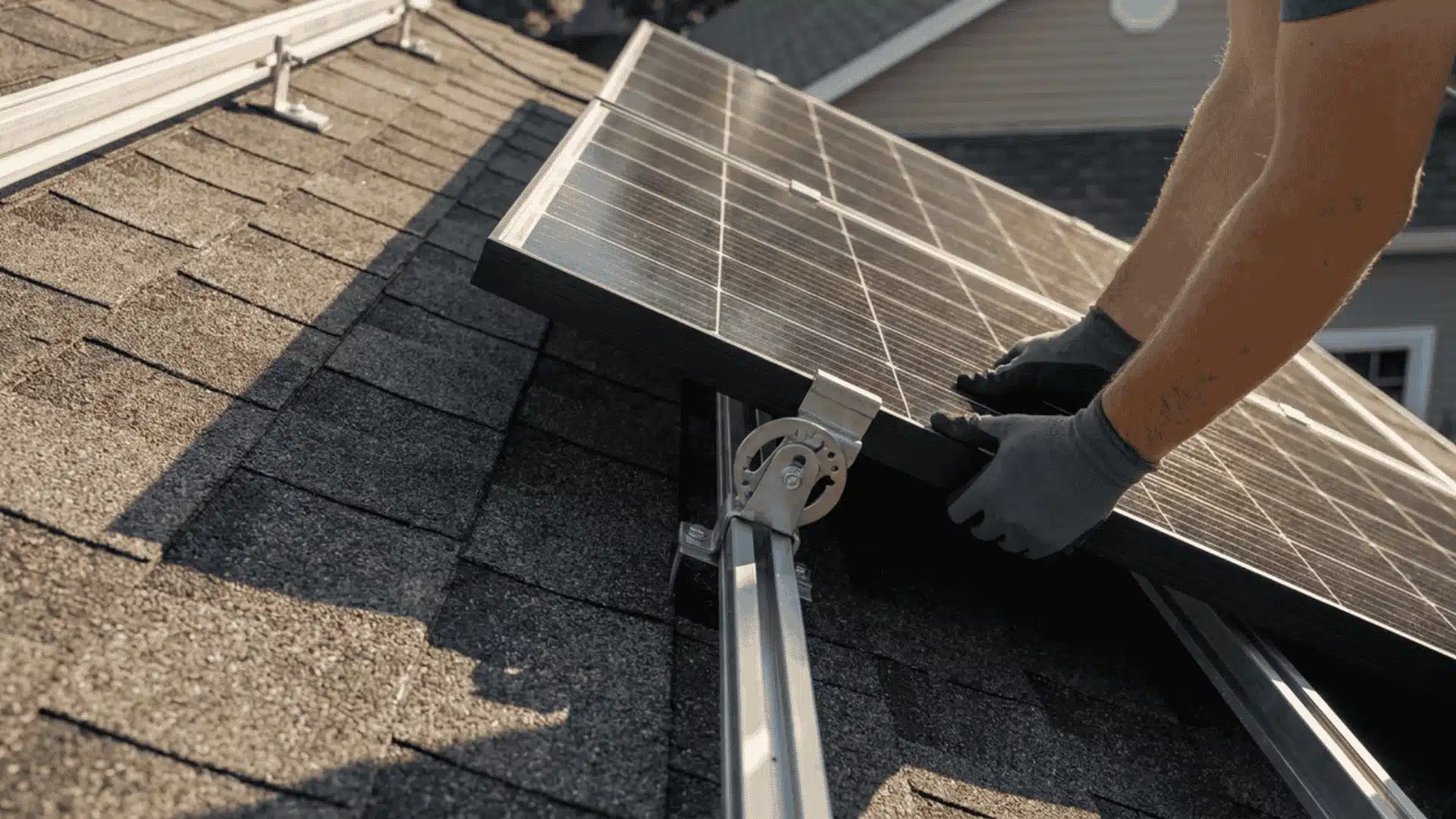 Hands adjusting the angle of a mounted solar panel
