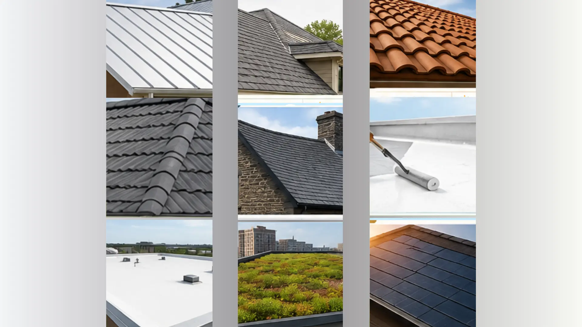 collage showing metal, asphalt, clay, slate, cool-coated, green, and solar roofing options for energy-efficient residential and commercial buildings in sunlight