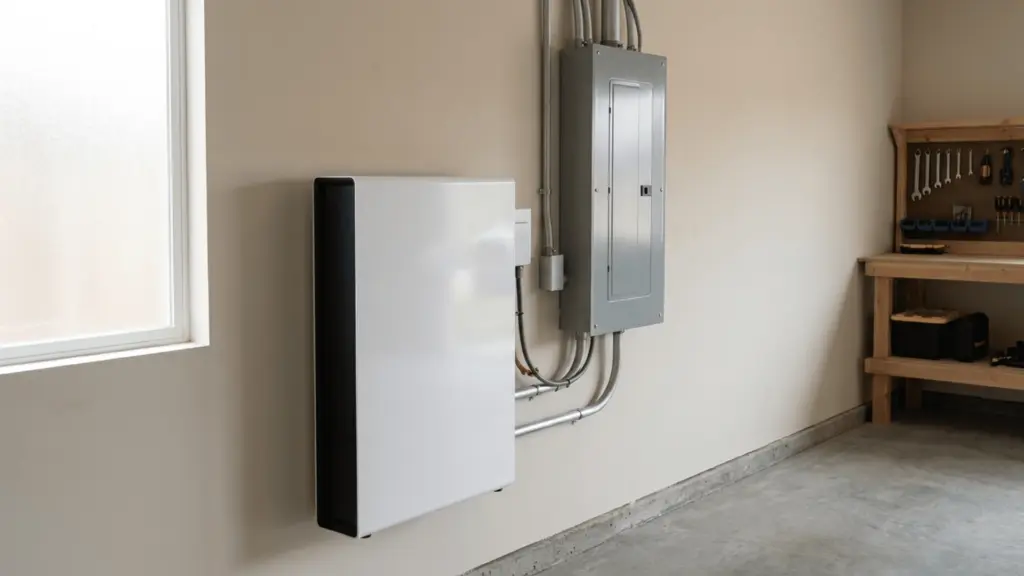 Wall-mounted home battery storage unit installed beside an electrical panel in a residential garage.