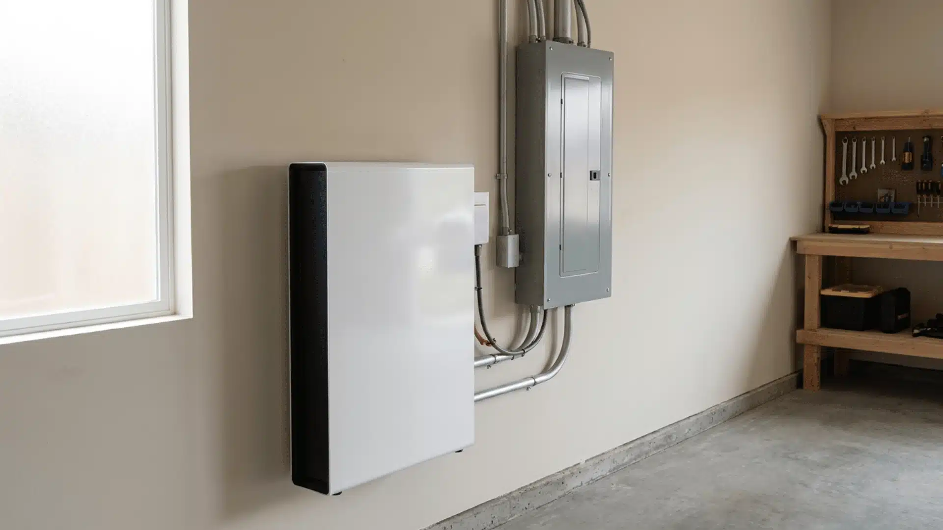Wall-mounted home battery storage unit installed beside an electrical panel in a residential garage.
