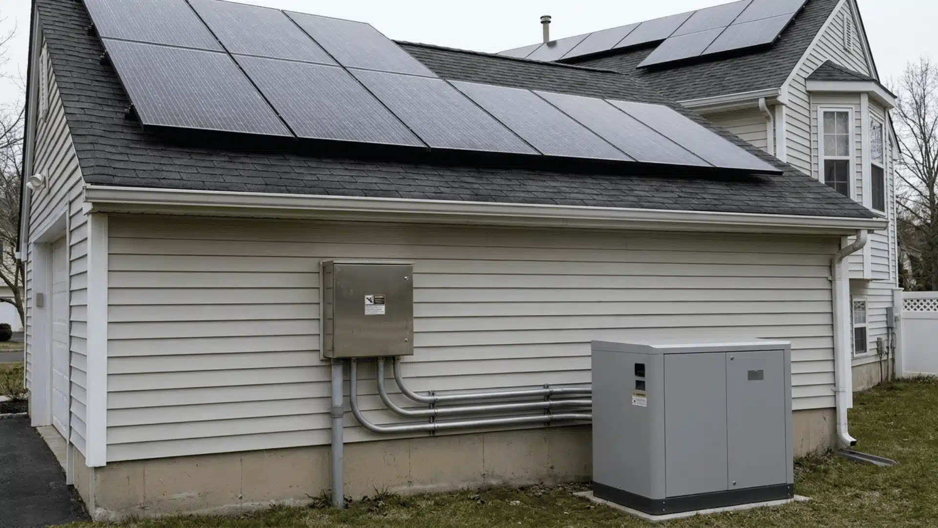 rooftop solar panels with connected equipment box on house exterior
