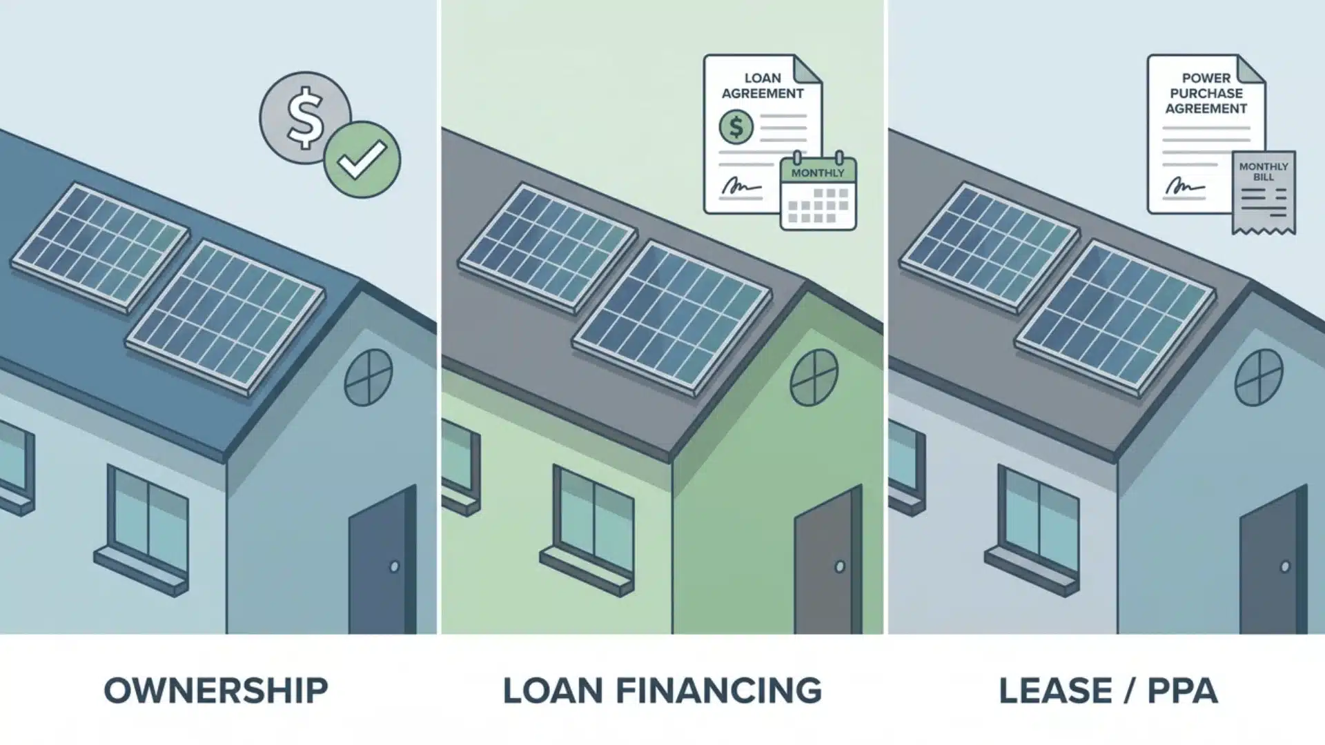 Three homes showing different solar ownership setups