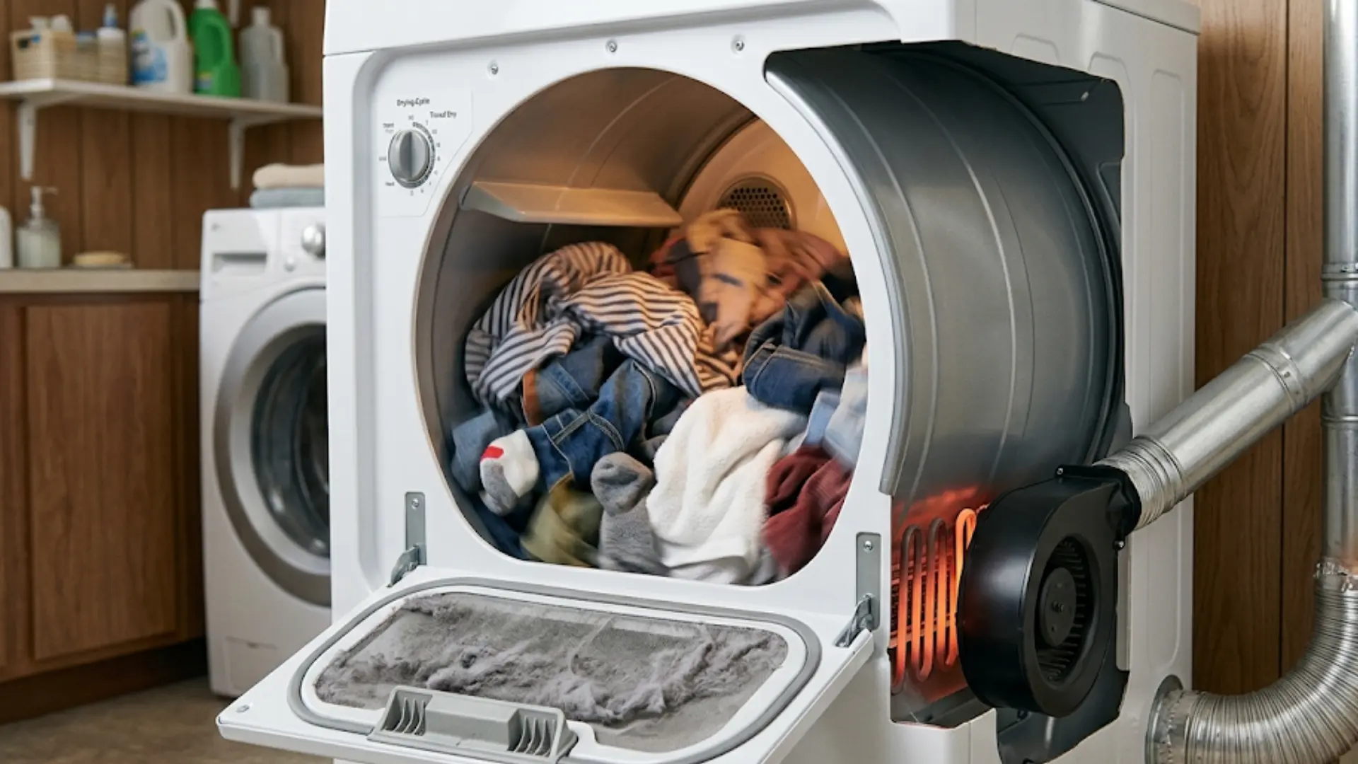 illustration of a clothes dryer with an exposed drum, a heating element, and a blower fan venting to the wall