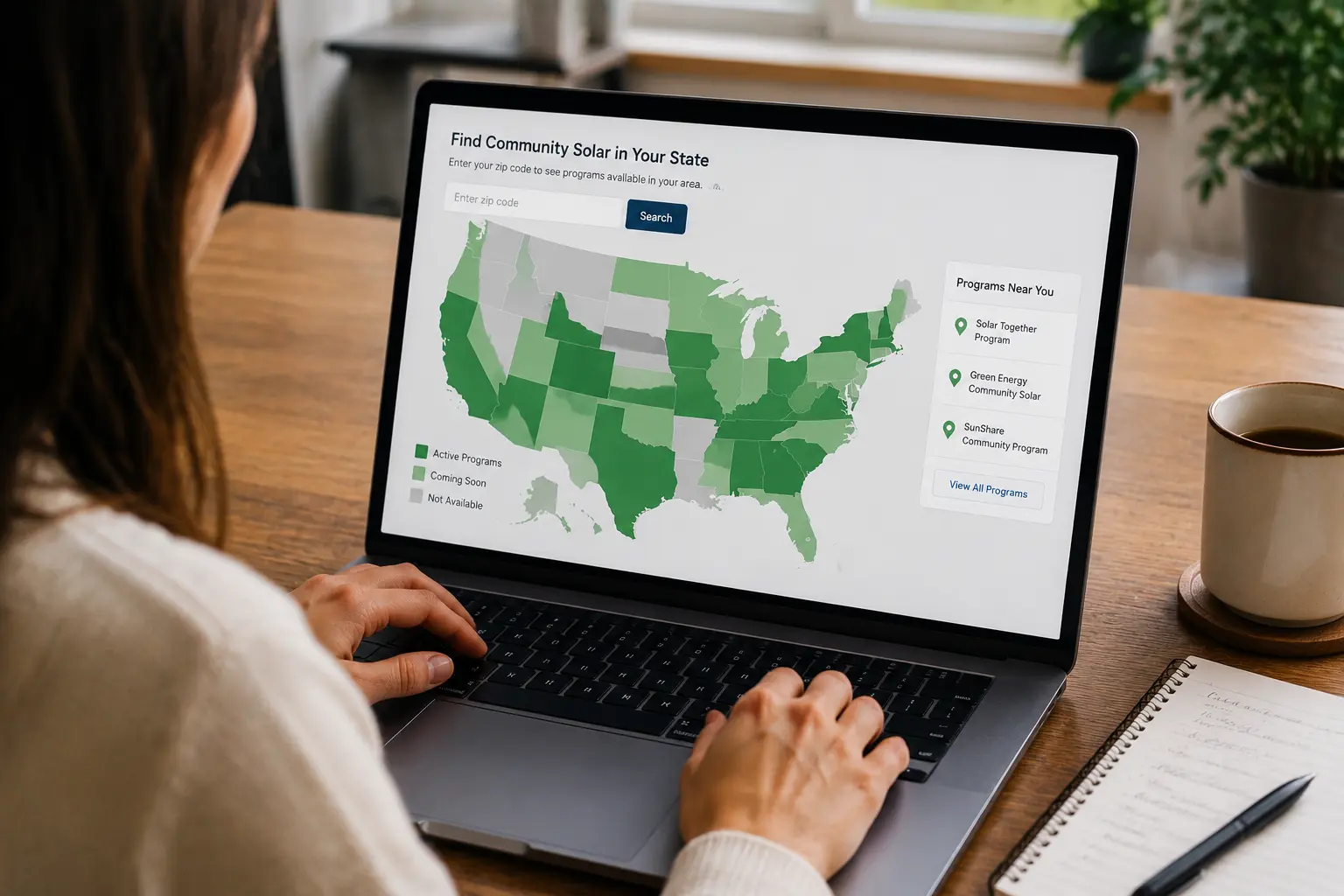 Person searching for community solar programs on a laptop with a U.S. map and available solar options displayed