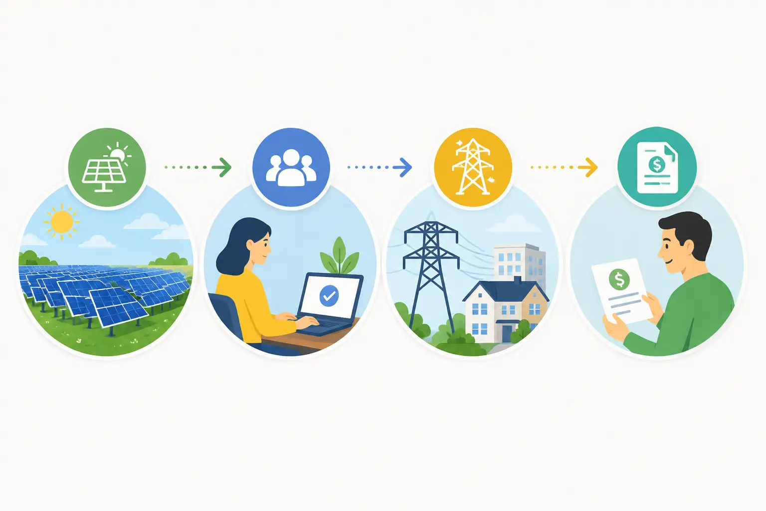Four-step illustration showing how a community solar program works from solar energy generation to customer bill credits
