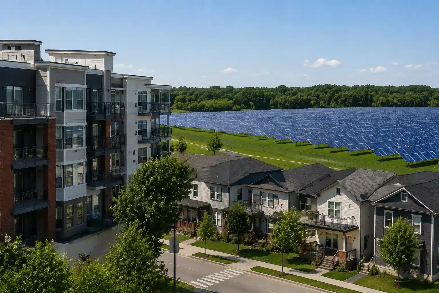 Community solar farm providing renewable energy access to apartment buildings and residential homes
