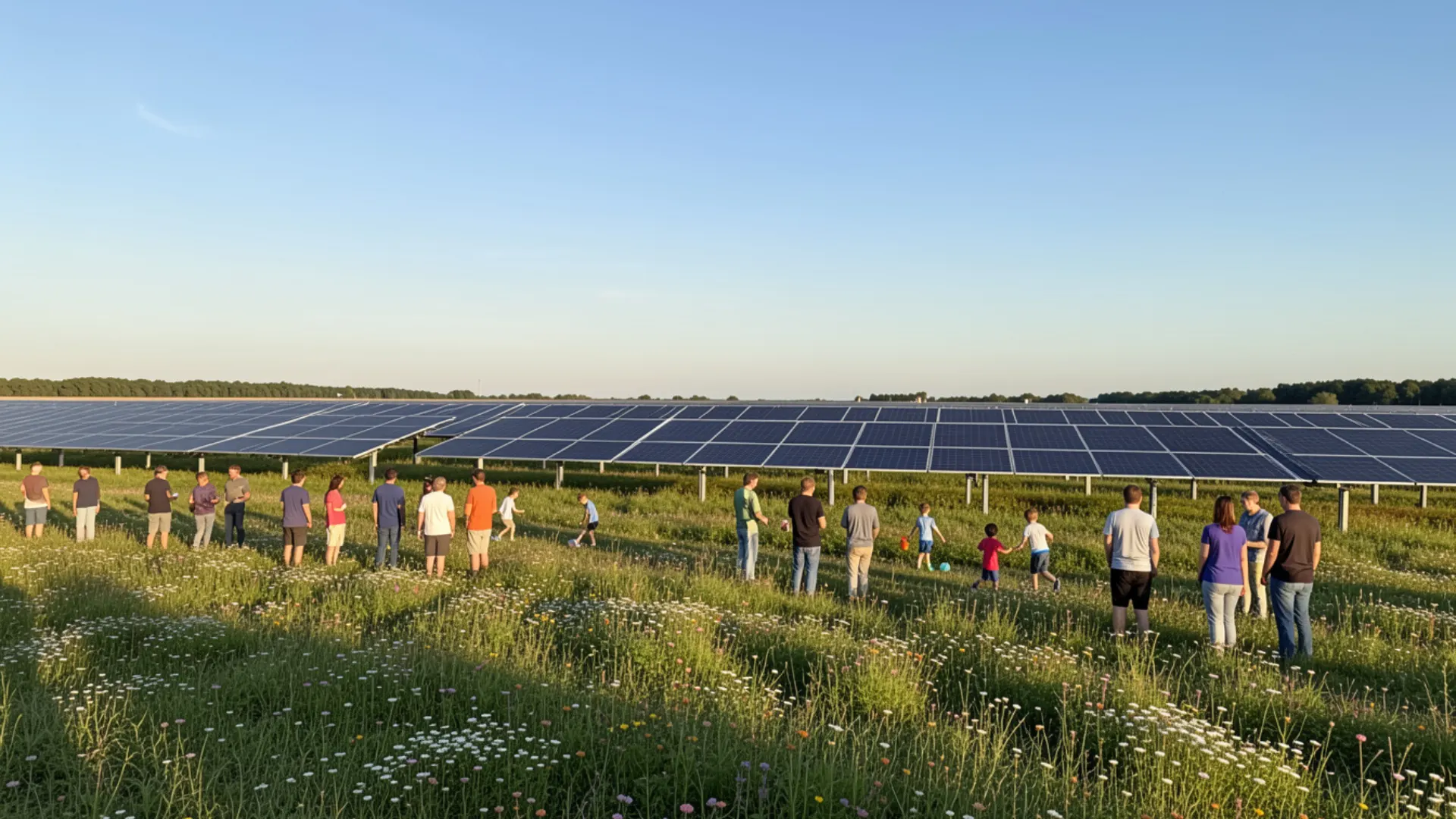 A diverse group walks through a wildflower field next to rows of solar panels