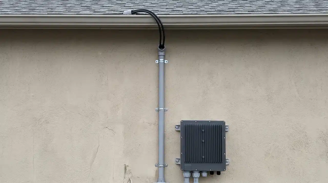 Gray electrical conduit running down exterior wall from roofline to wall-mounted inverter with DC cable entering at top