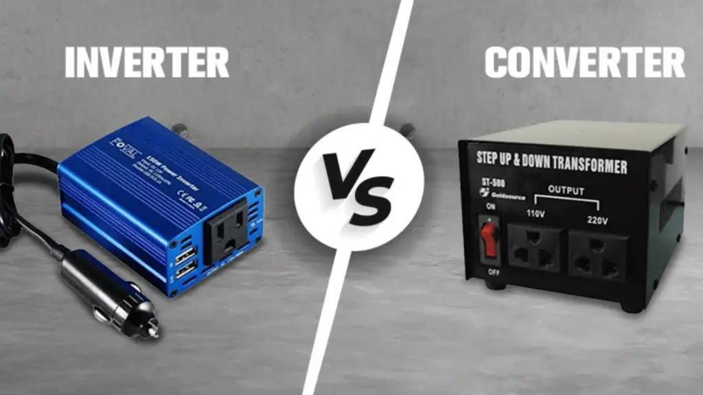 A side-by-side comparison graphic featuring a blue car power inverter and a black voltage converter box.