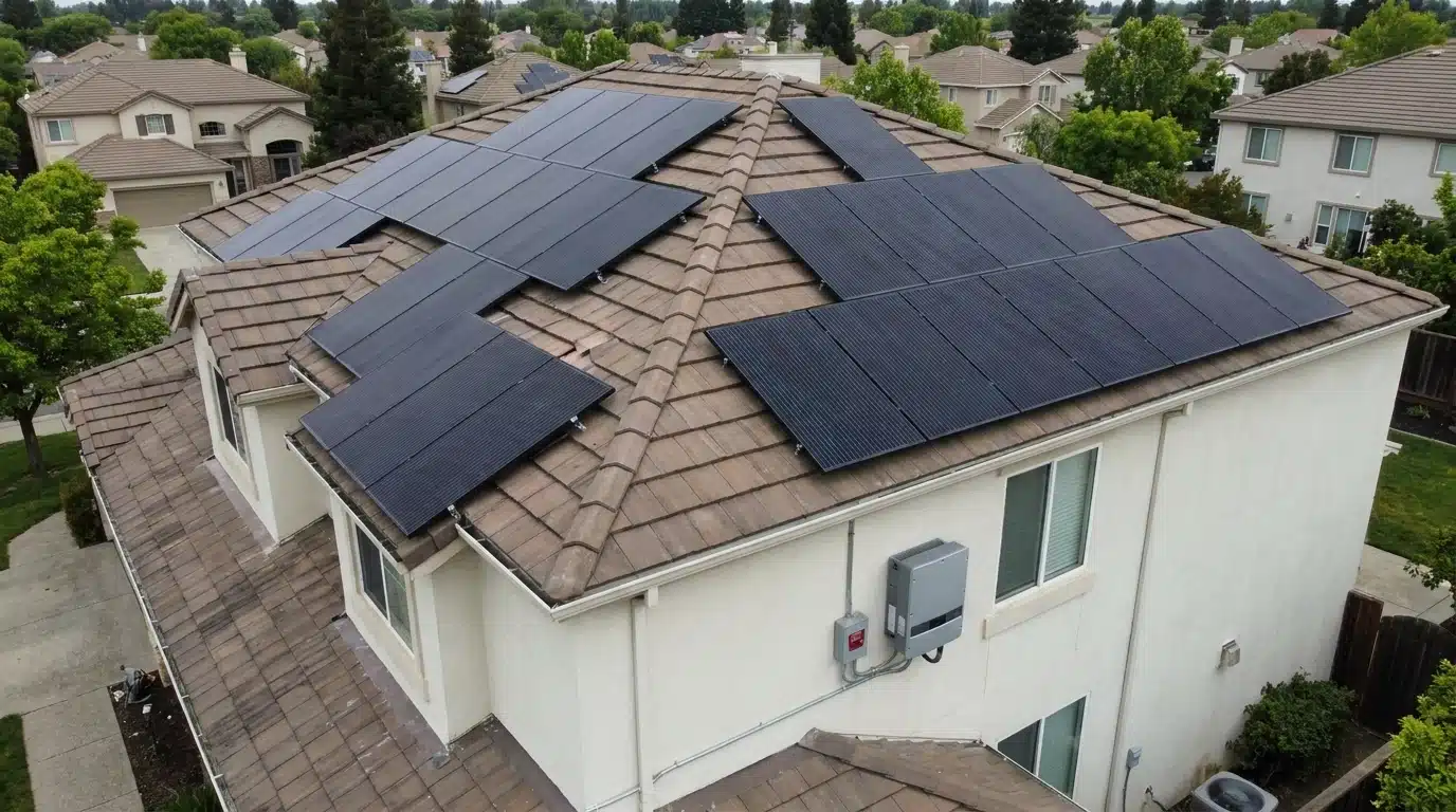 Solar panels installed across suburban house roof with inverter on exterior wall