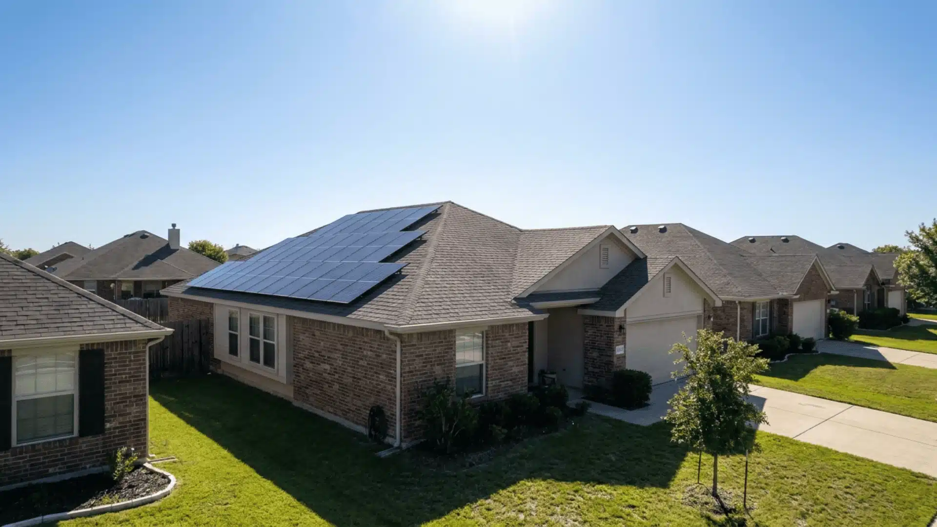 Solar panels installed on a pitched residential rooftop under clear sky