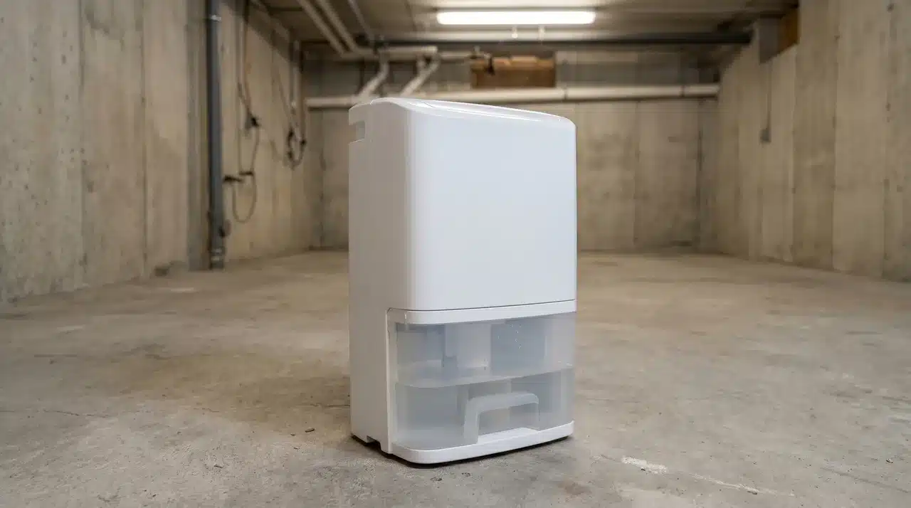 residential dehumidifier with water collection bucket on a concrete basement floor
