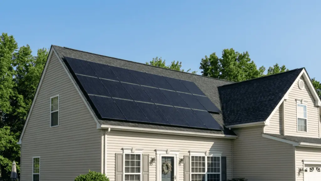 Solar panels mounted on the pitched roof of a suburban single-family home.
