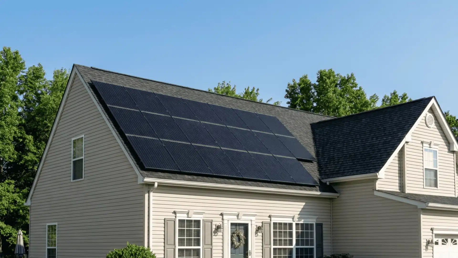 Solar panels mounted on the pitched roof of a suburban single-family home.