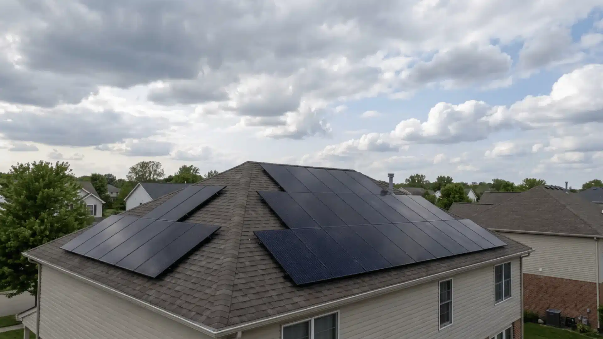 rooftop solar panels under partly cloudy sky with diffused daylight
