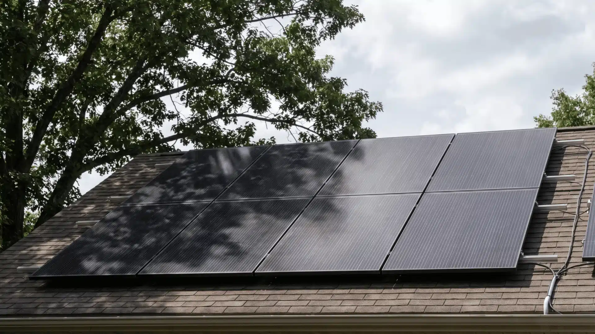 rooftop solar panels partially shaded by tree branches