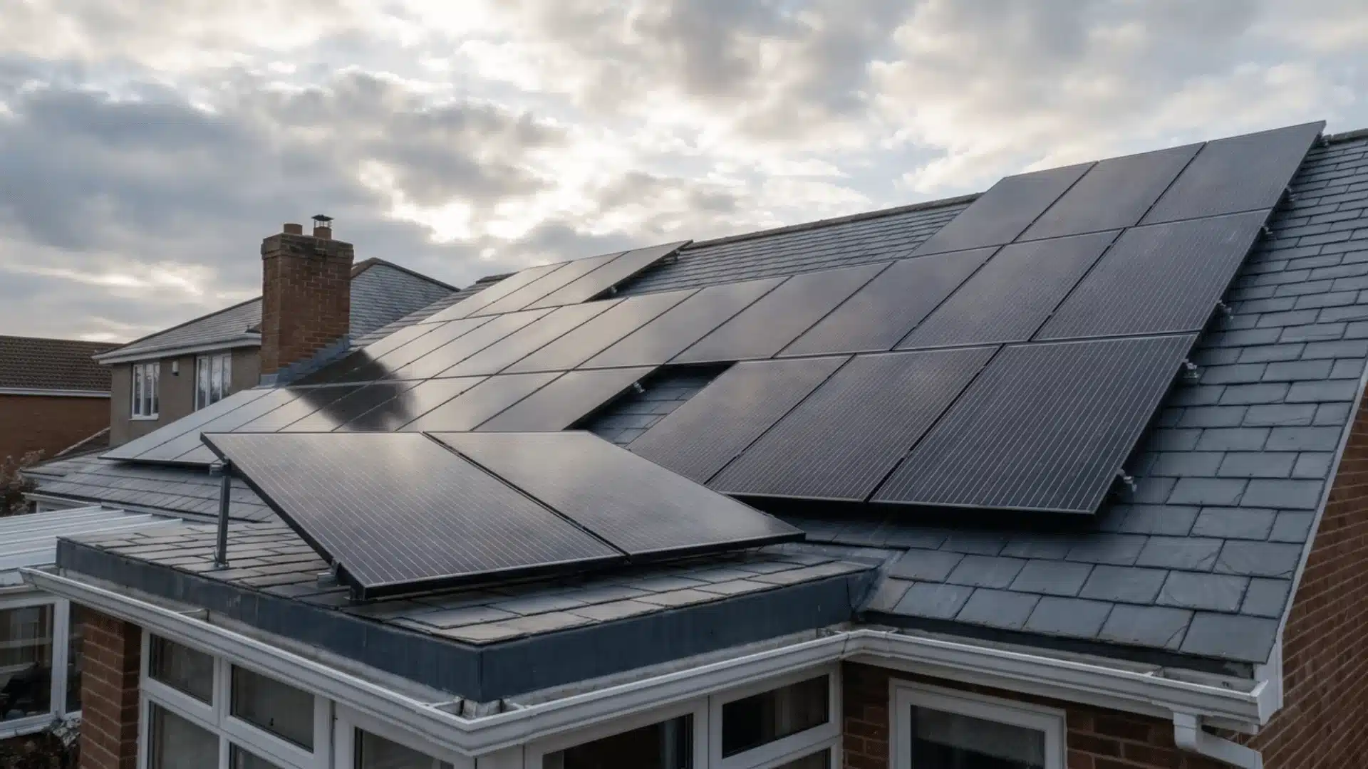 Rooftop solar panels under cloudy sky with reduced direct sunlight