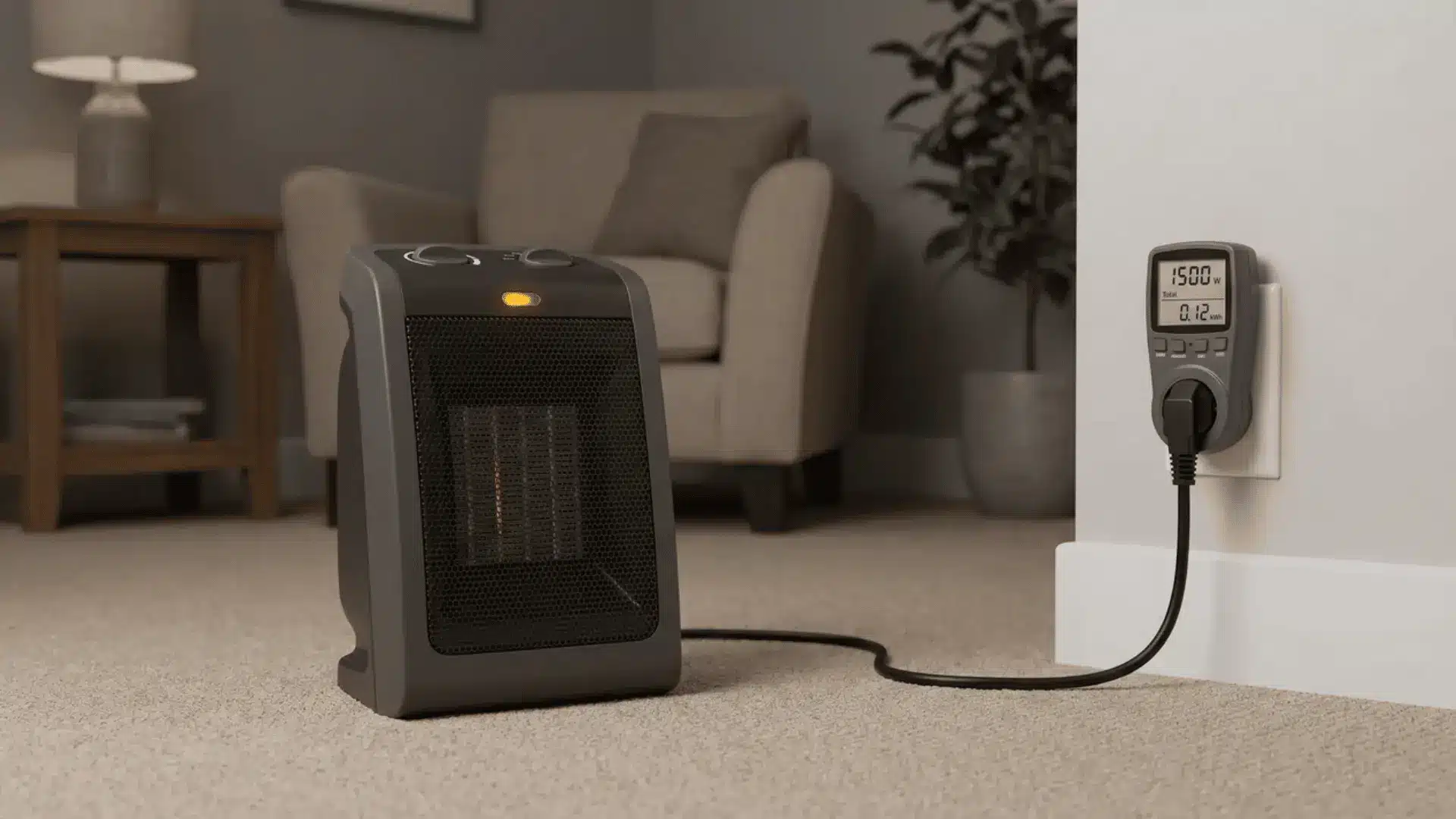 small ceramic heater sits on a carpet, its cord plugged into a power meter on the wall