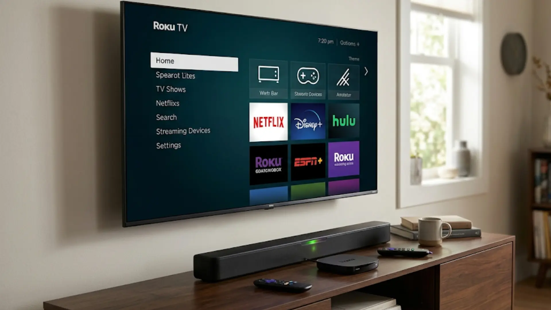 modern smart TV mounted on a wall with a home screen menu, a soundbar below it, and remotes