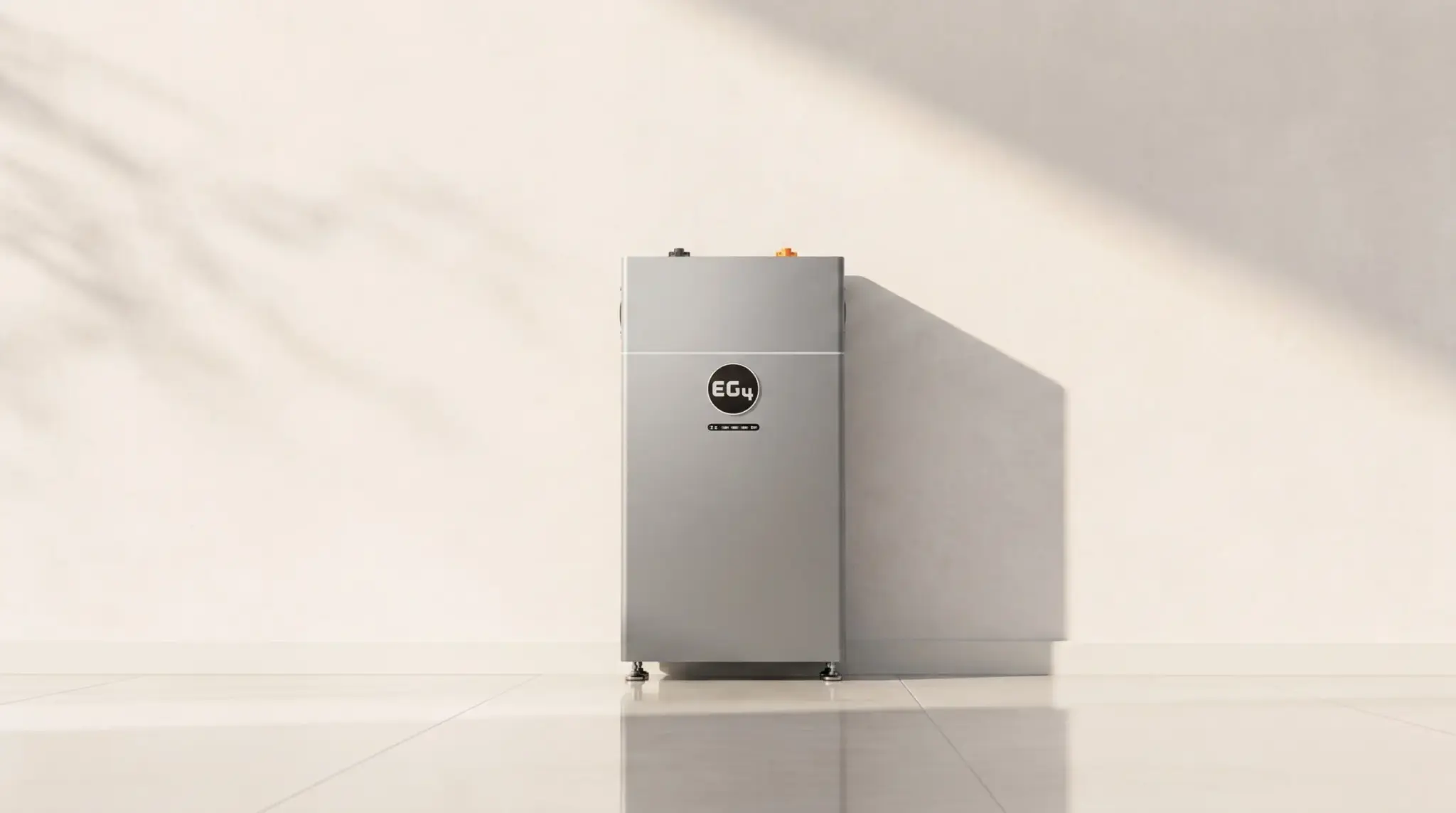EG4 home battery storage unit standing against a wall with soft shadow lighting and reflective floor.