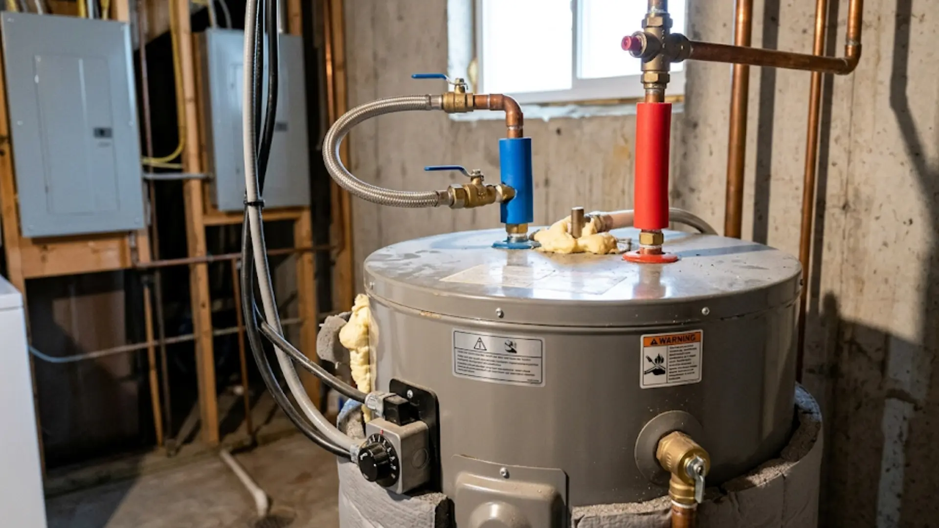 eye-level close-up of an electric storage water heater with copper pipe connections and insulation in a residential basement