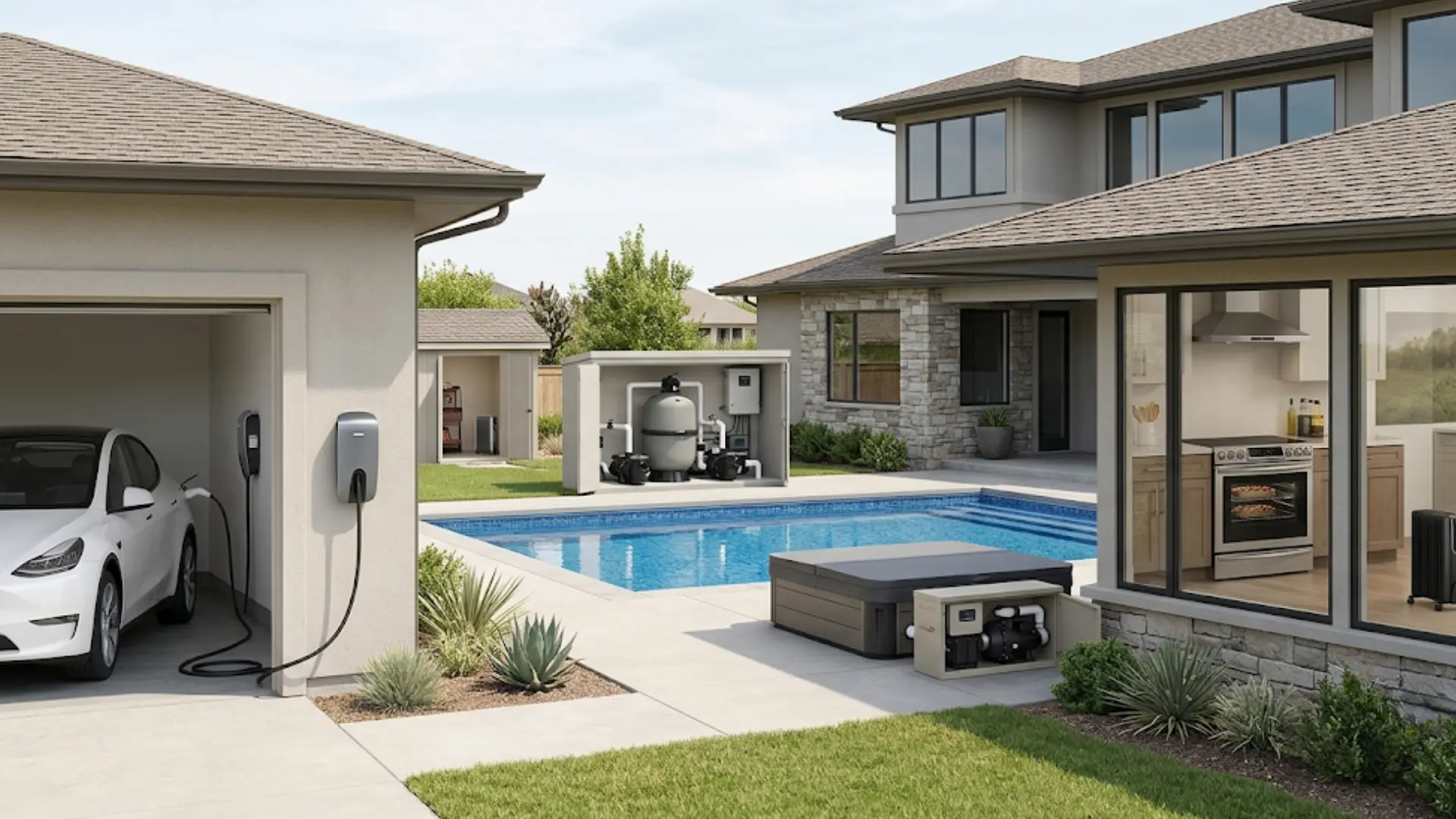 home backyard featuring an EV charger in the garage, a pool, a hot tub, and a kitchen visible through windows