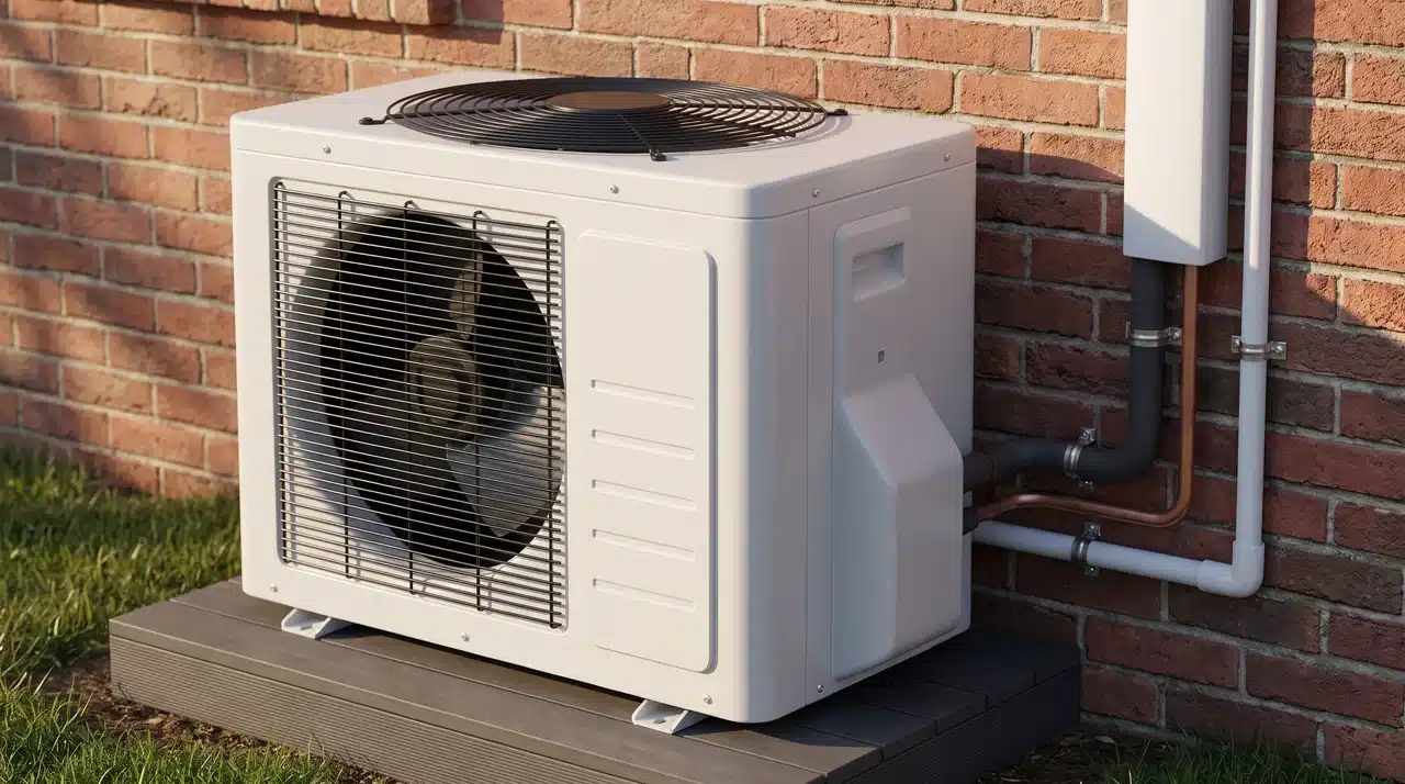 Close-up of an outdoor heat pump unit installed against a brick home exterior in daylight.