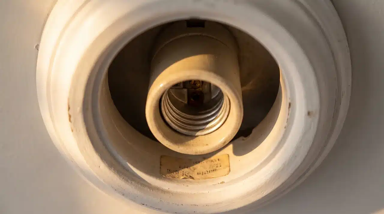 Close up of a ceramic lamp socket inside a white wooden ceiling fixture with warm side lighting highlighting the internal threading and socket detail.