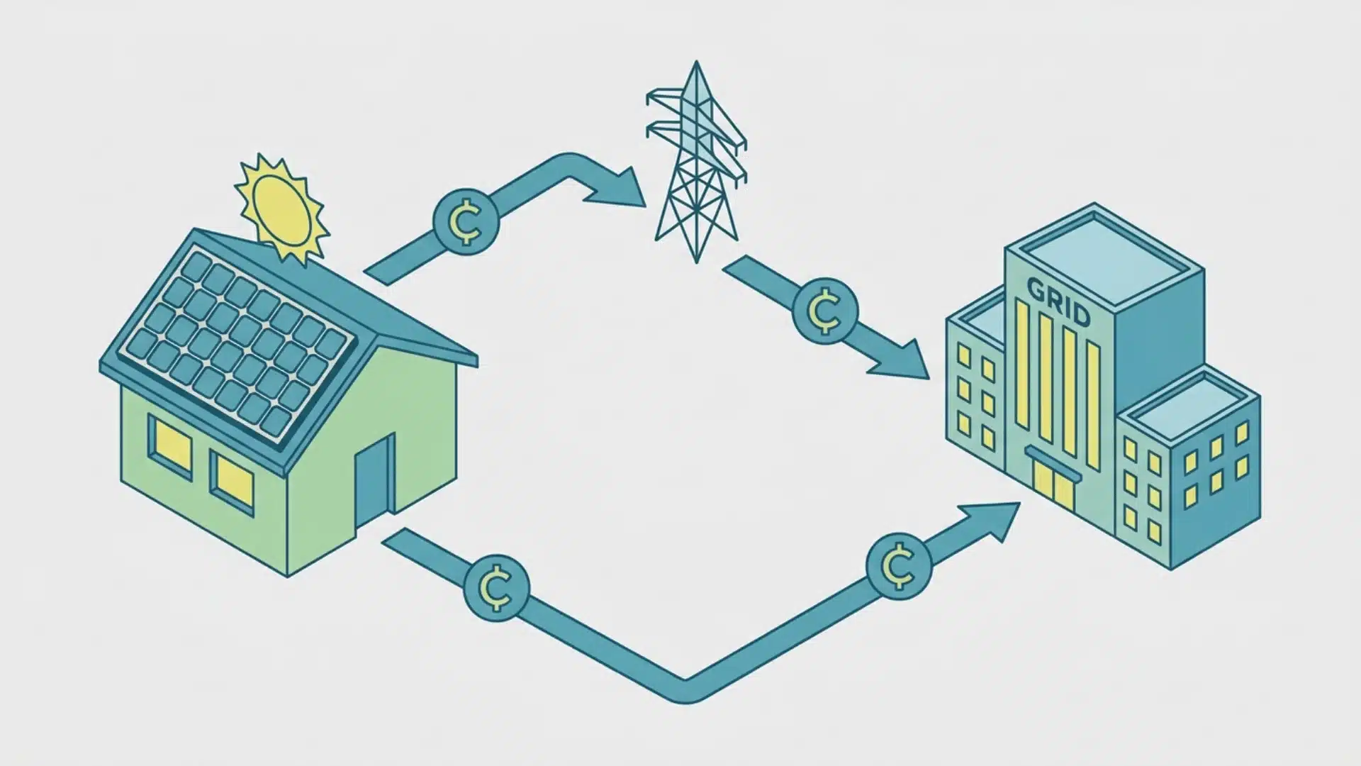 solar panel exporting electricity to grid with consistent credit flow lines
