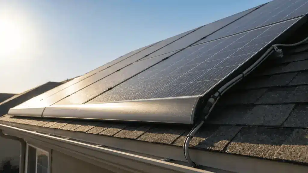 Close-up of rooftop solar panels angled toward sunlight