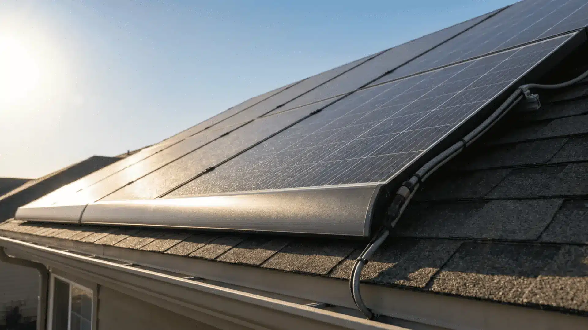 Close-up of rooftop solar panels angled toward sunlight