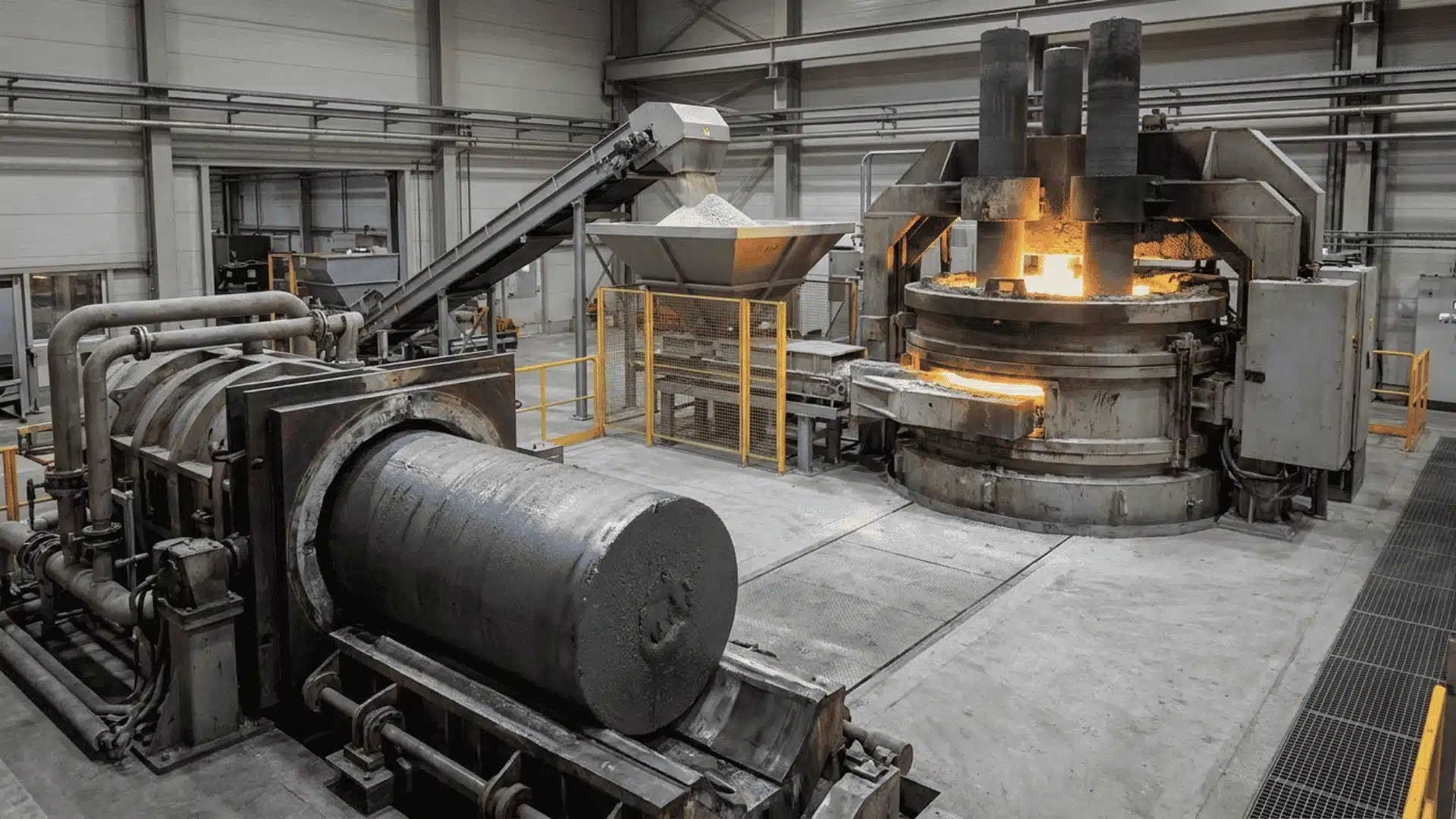 Quartz sand being processed in a furnace into solid silicon ingots