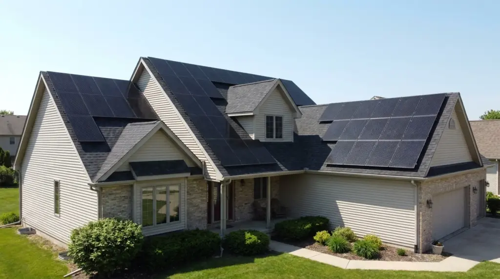 Solar panels mounted on angled residential roof sections under clear sky