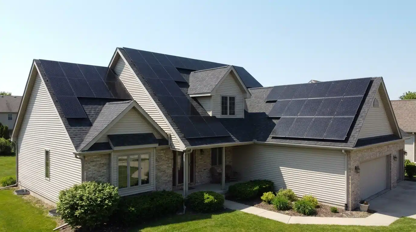 Solar panels mounted on angled residential roof sections under clear sky