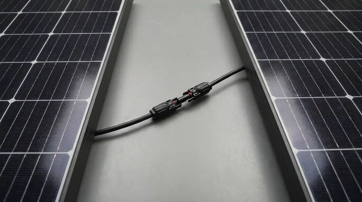 MC4 male and female connectors from two solar panel cables joined together, free leads visible on either side