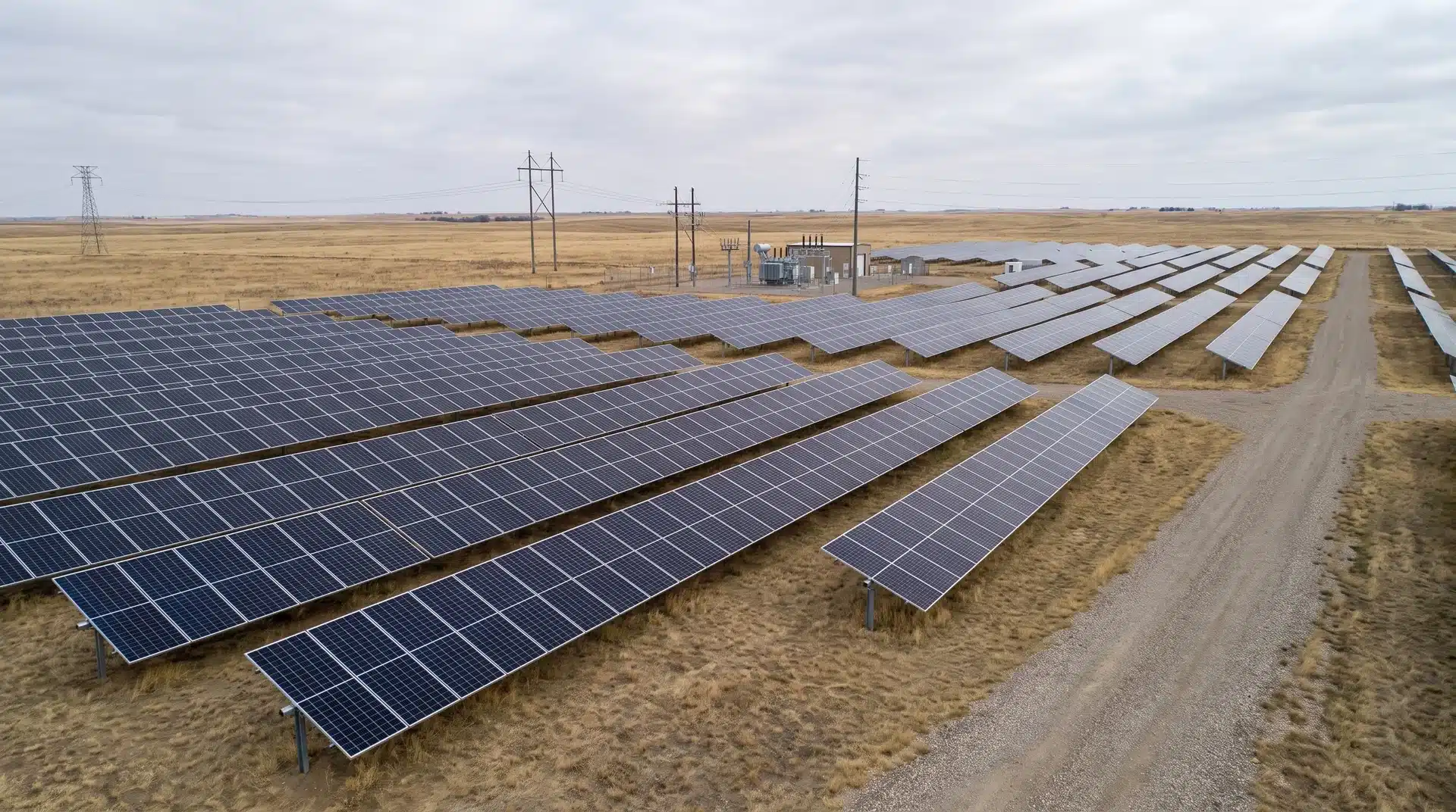 Rows of solar panels in an off-site community solar array with utility equipment nearby